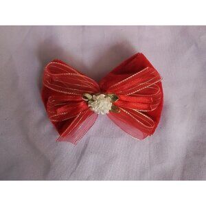 Vintage Red & Gold Velvet Hair Bow Clip With Flower Accent